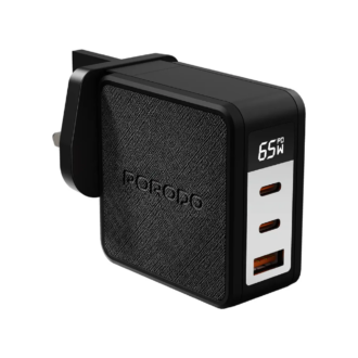 Porodo Quantum GaN 65W C+C+A UK GaN Charger with Digital Screen - Black