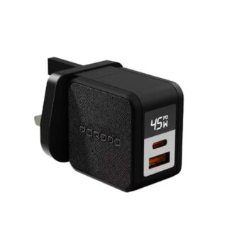 Porodo Quantum GaN 45W A+C UK GaN Charger with Digital Screen - Black