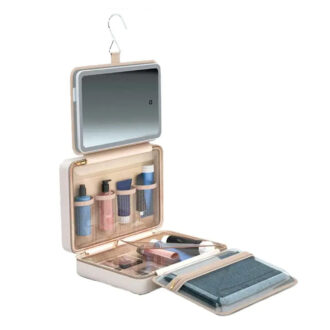 Porodo Travel Makeup Case with Detachable LED Mirror & Hanging Hook - Beige
