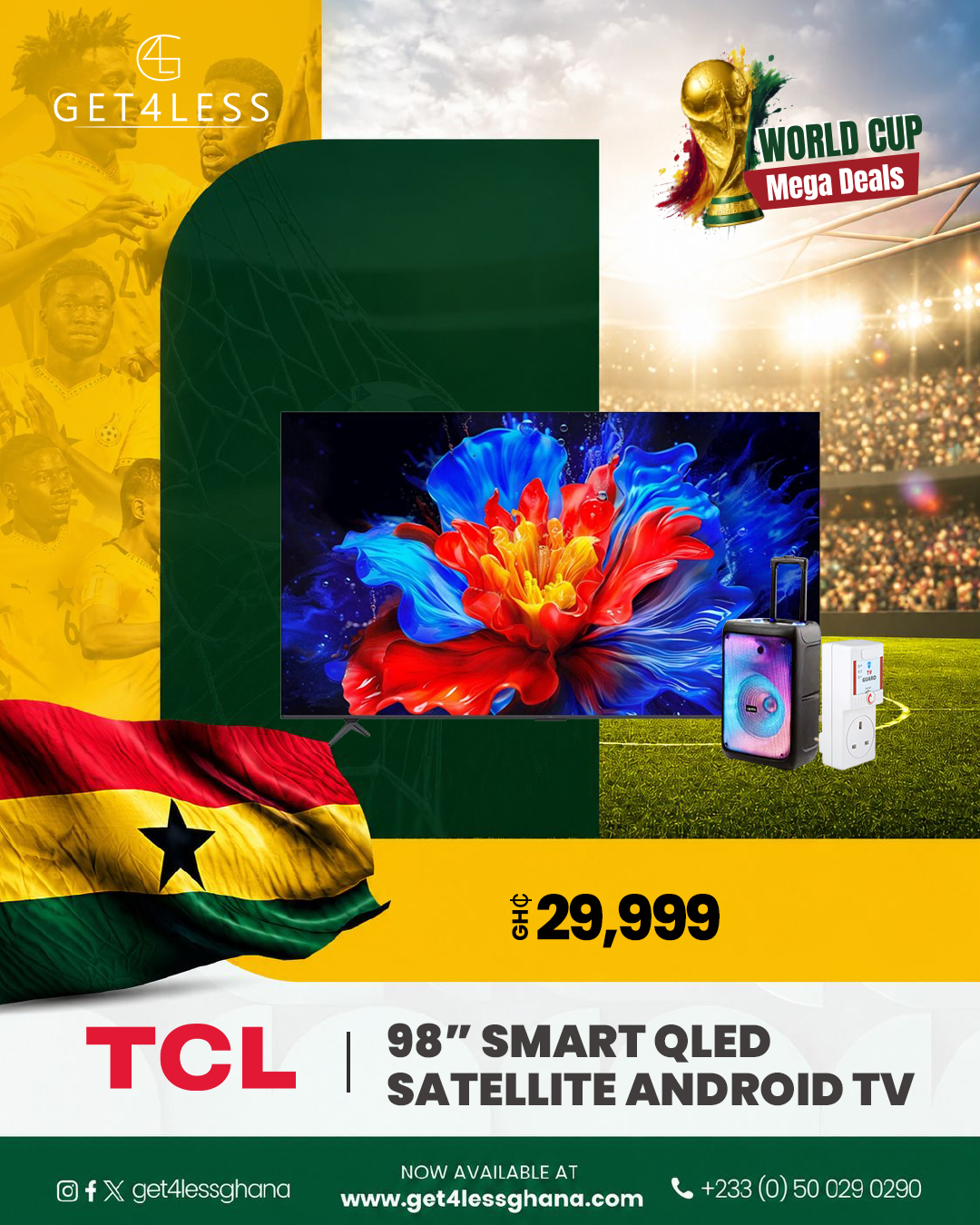 Tcl Tv 98 Smart Qled Satellite Android with Free Eldo Bluetooth Speaker and TV Guard