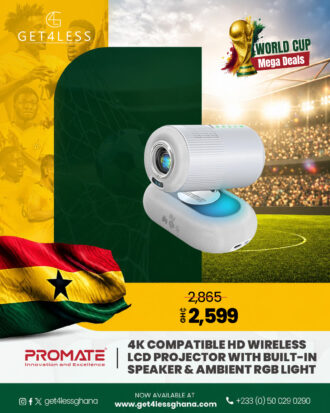 Promate 4K Compatible HD Wireless LCD Projector with Built-In Speaker & Ambient RGB light