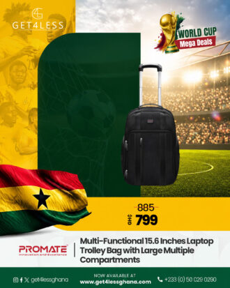 Promate Large Capacity Durable Trolley Backpack supports 15.6" Laptops with Multiple Compartments