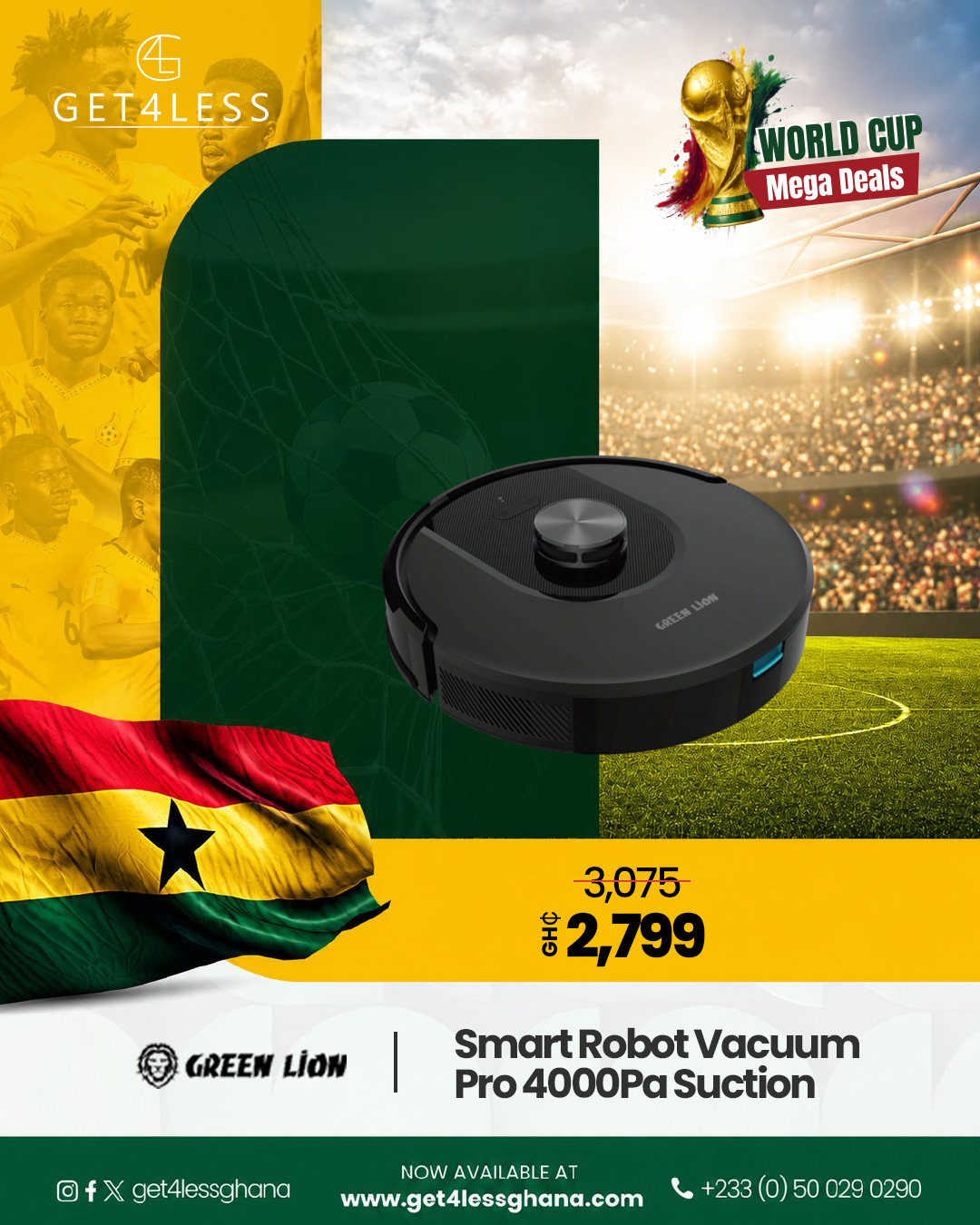 Green Lion Smart Robot Vacuum Pro 4000Pa Suction - Black