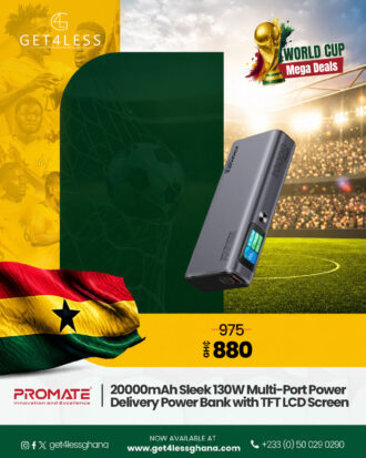 Promate 20000mAh Power bank with 130W Total Output, 100WPD USB