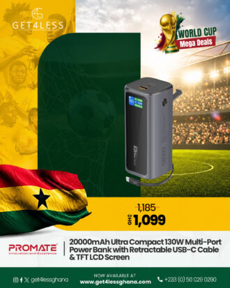 Promate 20000mAh Ultra Compact 130W Multi-Port Power Bank with Retractable USB-C Cable & TFT LCD Screen
