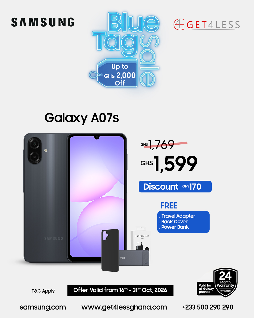 Samsung Galaxy A07s 64GB 4GB RAM with Free Travel Adapter, Black Cover and Power Bank