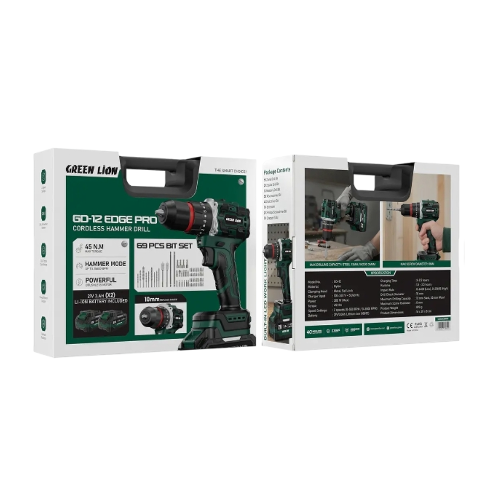 Green Lion GD-12 Edge Pro Cordless Hammer Drill - Green - Image 4