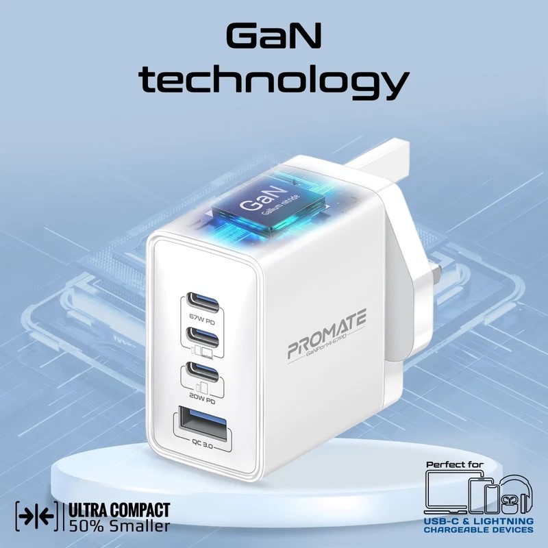 Promate 67W Power Delivery GaNFast Charger with Quick Charge 3.0 White - Image 3