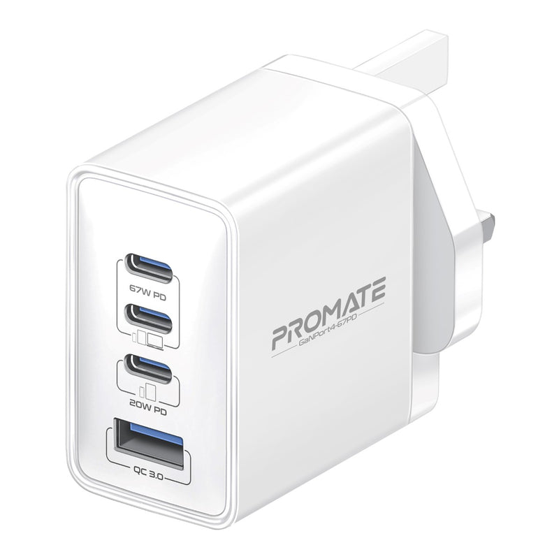 Promate 67W Power Delivery GaNFast Charger with Quick Charge 3.0 White