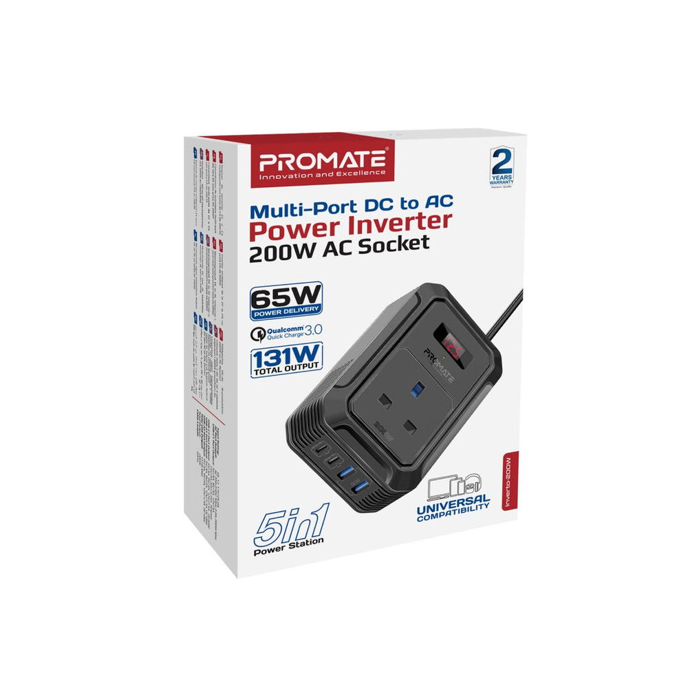 Promate Multi-Port DC to AC Power Inverter with 200W AC Socket - Image 2