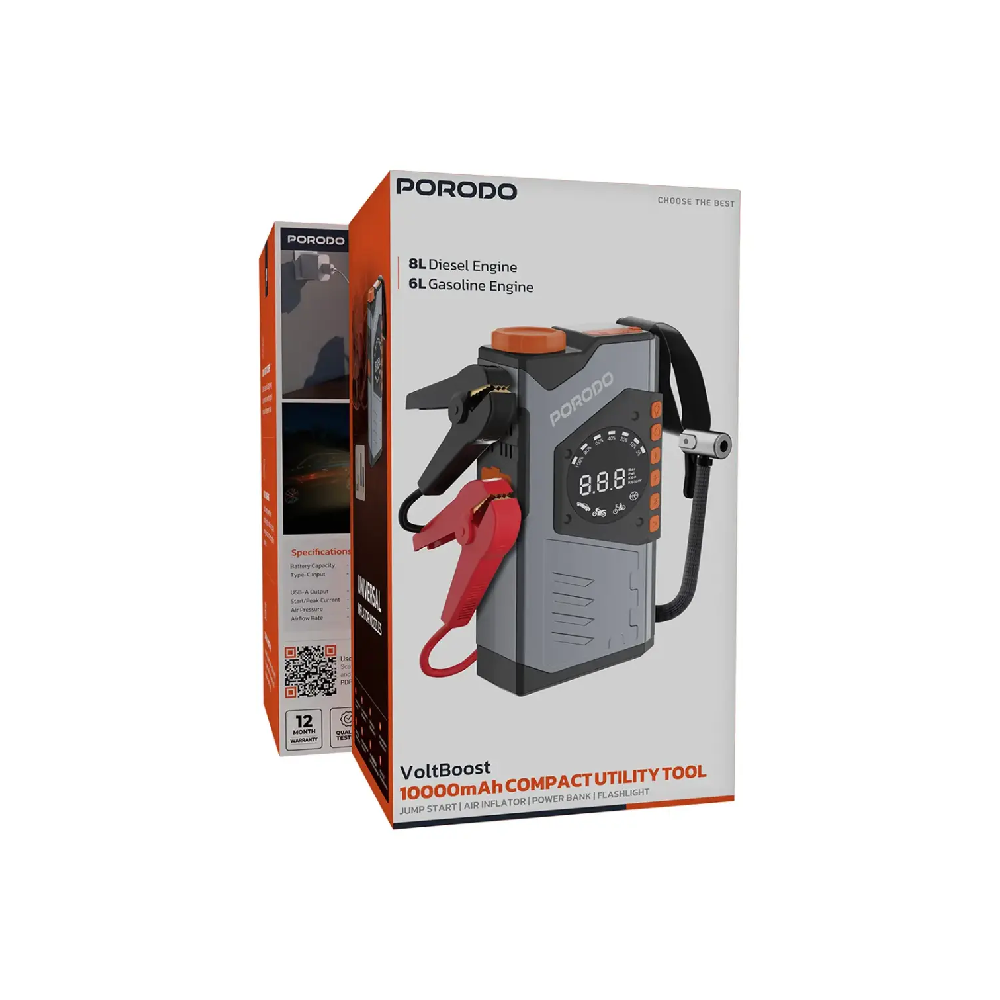 Porodo VoltBoost Portable 10000mAh 3 In 1 Jump Starter Power Bank With Air Compressor and Light - Gr - Image 2