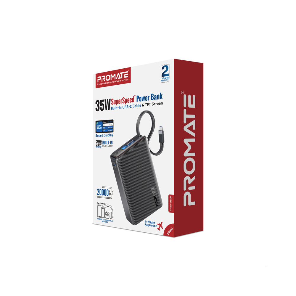 Promate 35W SuperSpeed Power Bank with Built-in USB-C Cable and TFT Screen - Image 2