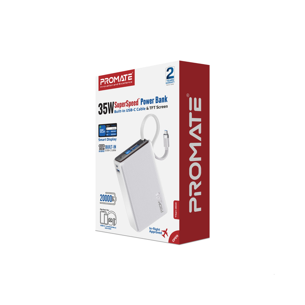 Promate 35W SuperSpeed Power Bank with Built-in USB-C Cable and TFT Screen - Image 2