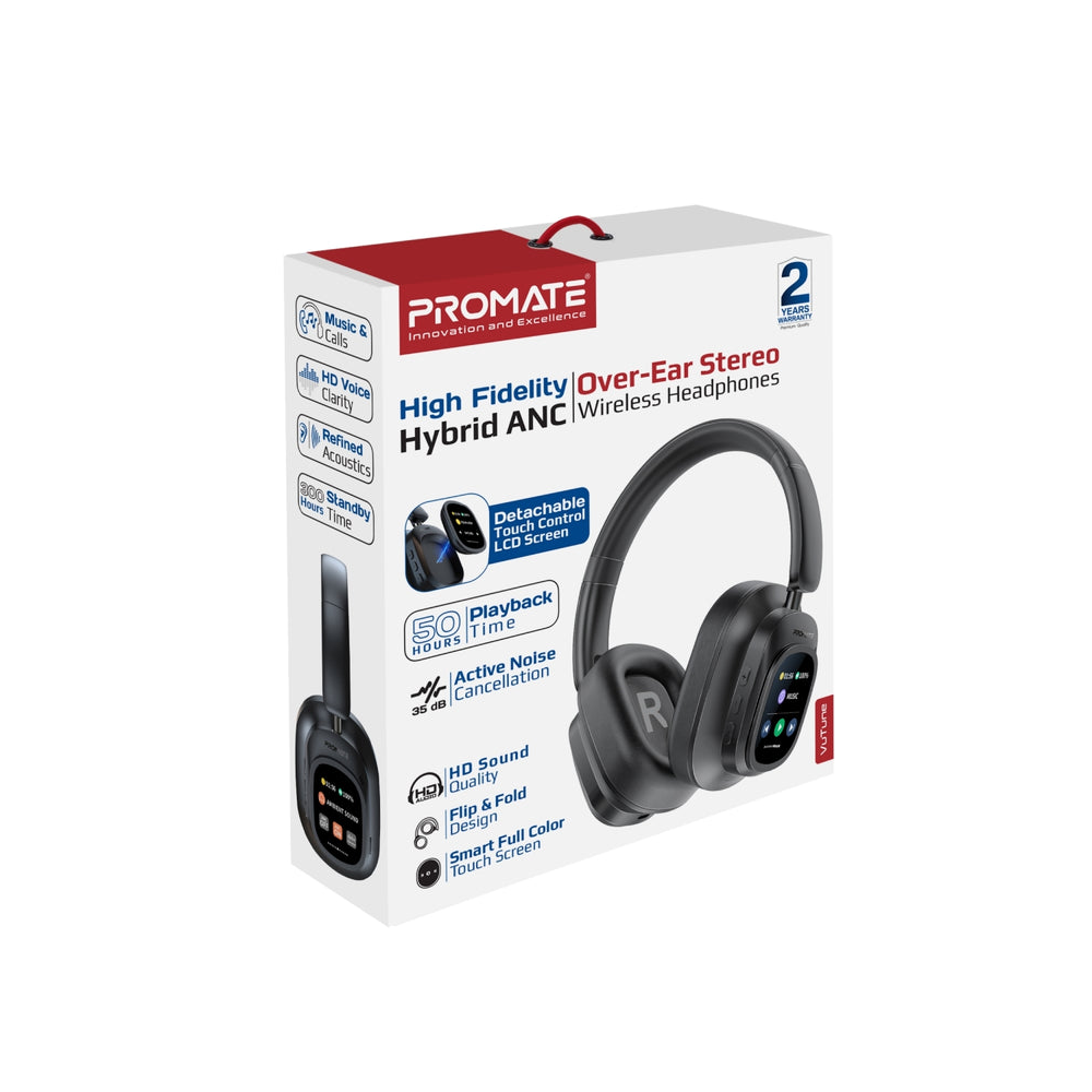 Promate High-Definition Hybrid ANC Headphones with Detachable Magnetic LCD Touch Screen Controller - Image 2