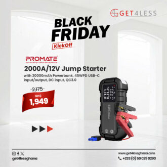 Promate 2000A/12V Jump Starter with 20000mAh Powerbank, 45WPD USB-C input/output, DC input, QC3.0