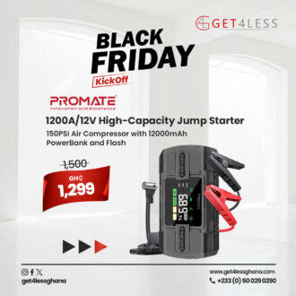 Promate 1200A/12V High-Capacity Jump Starter 150PSI Air Compressor with 12000mAh Power Bank and Flash