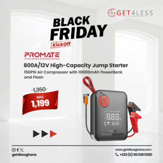Promate 800A/12V High-Capacity Jump Starter 150PSI Air Compressor with 10000mAh PowerBank and Flashl
