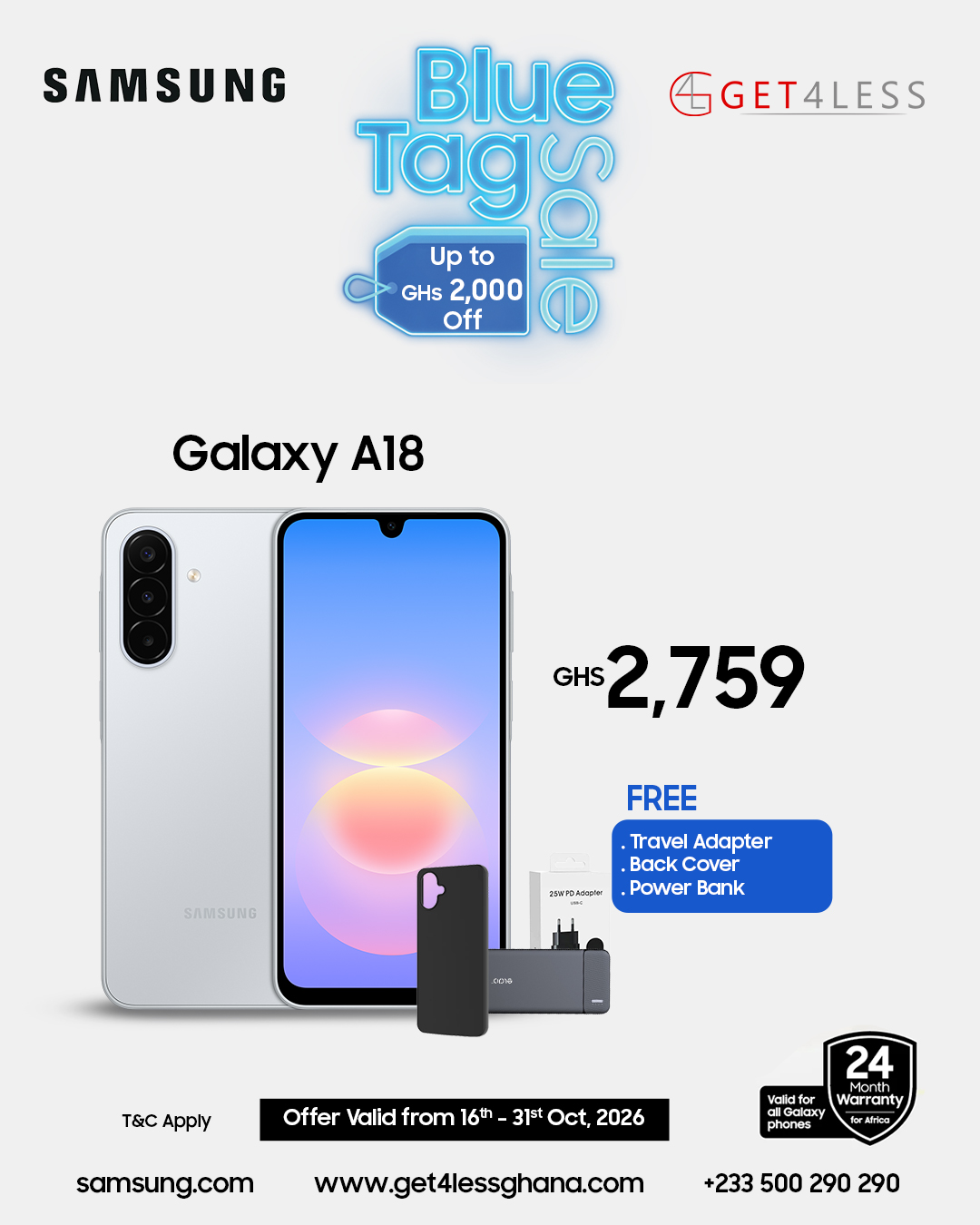 Samsung Galaxy A18 4Gb Ram and 128GB with Free Travel Adapter, Black Cover and Power Bank